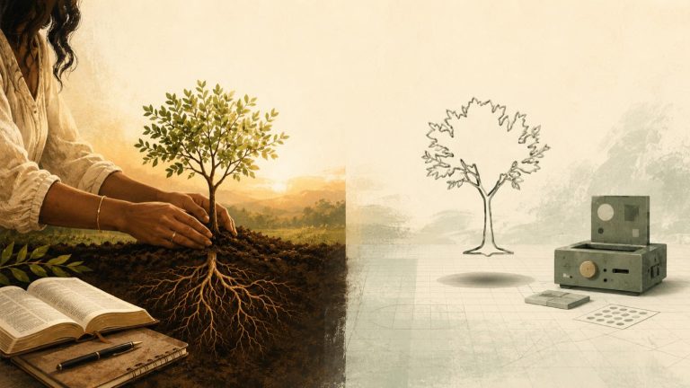 A woman plants a living tree with deep golden roots beside an open Bible (the Kingdom creates), next to a hollow wireframe tree and a cold machine on a grid (the empty copy).
