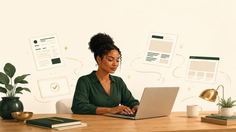 A Black woman entrepreneur at a warm desk working on a laptop, with a whole content team's work floating around her: research, a scored pitch with a gold check, a drafted article, and a page layout